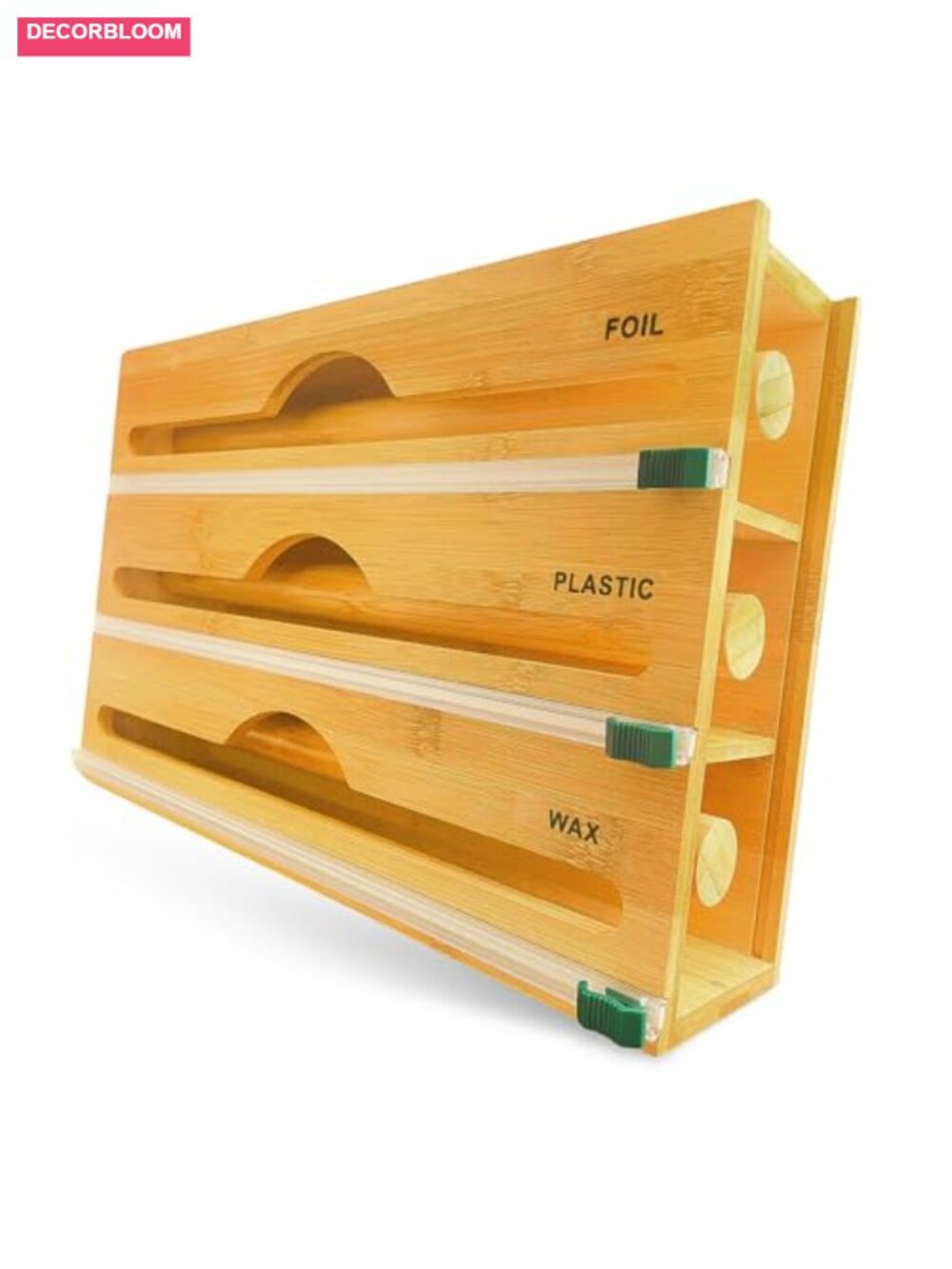 Bamboo Wrap Organizer 3-in-1 with Cutters Fits 12" Rolls Kitchen Drawer Storage